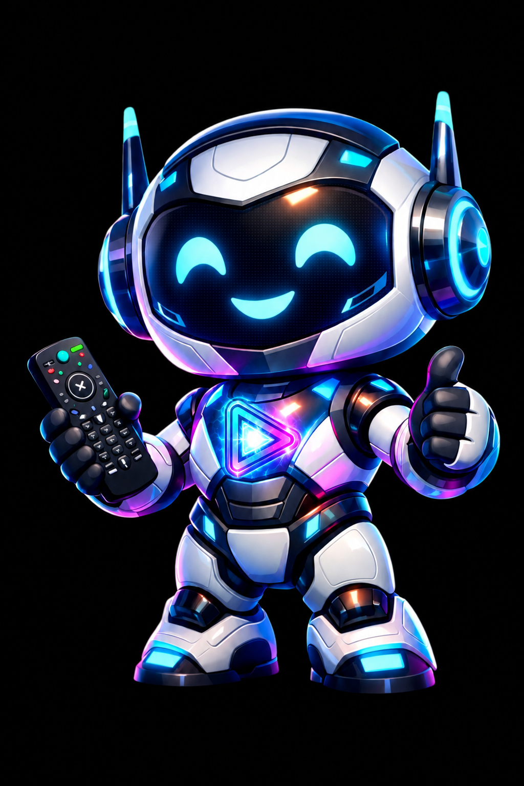 SKYBOT sorrindo, com controle remoto e reator luminoso no peito